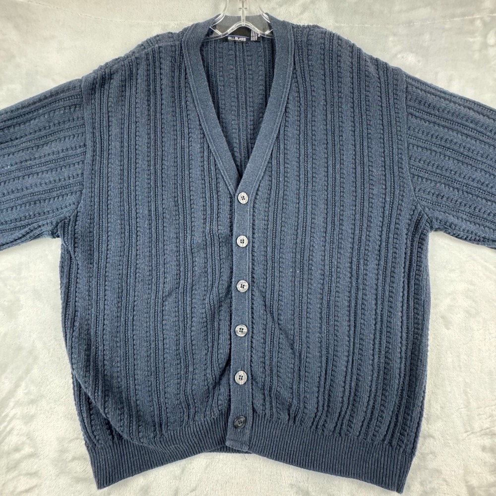 Y2K Bill Blass Men's‎ Navy Blue Ribbed Knit V-Neck Button-Up Cardigan Sweater XL - Picture 2 of 9